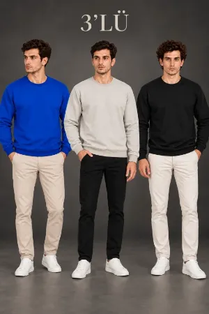 Erkek 3Lü Bisiklet Yaka İçi Şardonlu 2 İplik Düz Uzun Kollu Regular Fit Sweatshirt -Mavi - Gri - Siyah