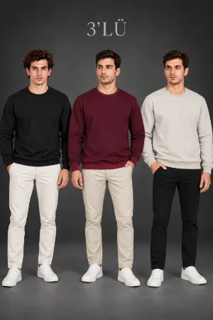 Erkek 3Lü Bisiklet Yaka İçi Şardonlu 2 İplik Düz Uzun Kollu Regular Fit Sweatshirt - Siyah - Bordo - Gri