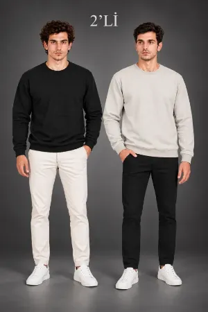 Erkek 2Li Bisiklet Yaka İçi Şardonlu 2 İplik Düz Uzun Kollu Regular Fit Sweatshirt - Siyah - Gri
