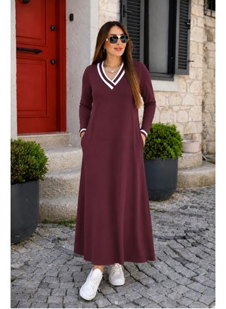 Kadın Uzun Kollu V Yakalı Cepli Uzun Viskon Iki Iplik Elbise