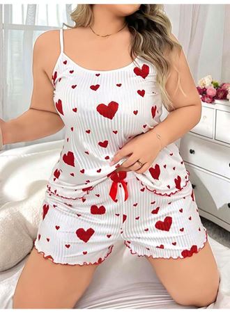 Büyük Beden Kalp Desen Pamuklu Şortlu Pijama Takımı