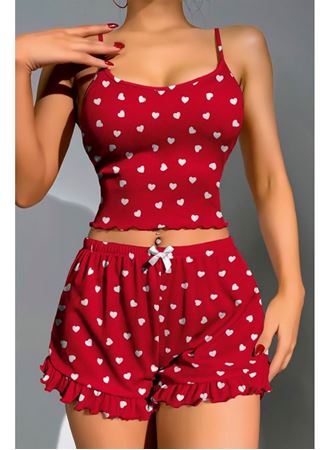 Pamuklu Kırmızı Üstüne Beyaz Kalp Desen Fitilli Askılı Şortlu Pijama Takımı