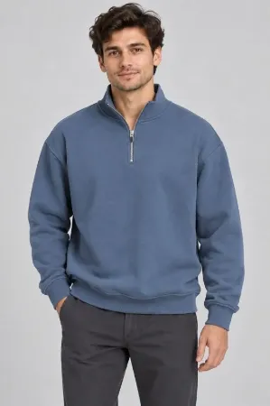 Erkek Üç İplik İçi Şardonlu Dik Yaka Yarım Fermuarlı Kışlık Sweatshirt - Mavi