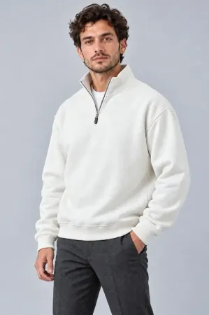 Erkek Üç İplik İçi Şardonlu Dik Yaka Yarım Fermuarlı Kışlık Sweatshirt - Beyaz