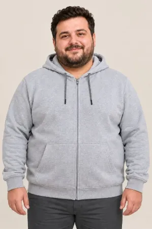 Erkek Battal Büyük Beden Üç İplik İçi Şardonlu Kapüşonlu Tam Fermuarlı Kışlık Sweatshirt - Gri