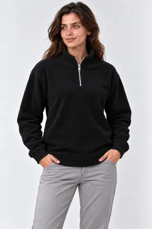 Polar Dik Yaka Yarım Fermuarlı Uzun Kollu Regular Fit Kışlık Sweatshirt - Siyah