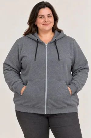 Battal Büyük Beden Üç İplik İçi Şardonlu Kapüşonlu Tam Fermuarlı Kışlık Sweatshirt - Füme