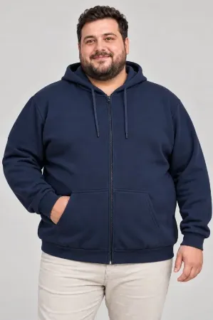 Erkek Battal Büyük Beden Üç İplik İçi Şardonlu Kapüşonlu Tam Fermuarlı Kışlık Sweatshirt - Lacivert