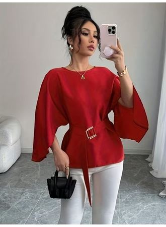 Kadın Uzun Kollu Yuvarlak Yakalı Yarasa Kollu Belden Kuşaklı Atlas Bluz