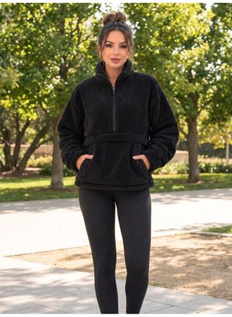 Kadın Yarım Fermuarlı Kanguru Cepli Peluş Wellsoft Sweatshirt