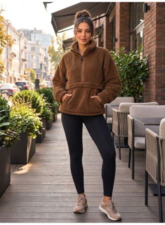 Kadın Yarım Fermuarlı Kanguru Cepli Peluş Wellsoft Sweatshirt