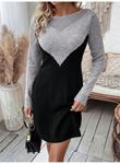 Kadın Uzun Kollu Kayık Yakalı çift Renk Mini Triko Elbise