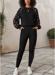 Kadın Uzun Kollu Bisiklet Yaka Desenli Viskon Iki Iplik Bluz Ve Pantolon Ikili Takım
