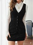Kadın Askılı V Yakalı önden Düğmeli Mini Kalın Fitilli Kadife Elbise