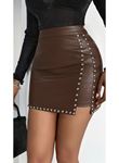 Kadın Yüksek Belli Yandan çivili Mini Deri Etek
