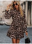 Kadın Uzun Kollu Yakadan Bağcıklı Modal Leopar Desenli Mini Elbise