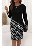 Kadın Uzun Kollu Bisiklet Yaka Desenli Dalgıç Elbise