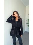 Kadın Uzun Kollu önü Fermuarlı File Detaylı Belden Bağcıklı Kısa Modal Ceket