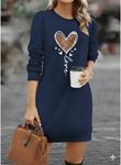 Kadın Uzun Kollu Bisiklet Yaka Kalp Desenli Kısa Viskon Elbise