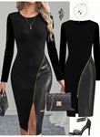 Kadın Bisiklet Yaka Uzun Kollu Deri Ve Fermuar Detay Mini Yırtmaçlı Elbise