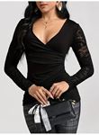 Kadın Uzun Kollu Dantelli Kruvaze Yakalı Yandan Büzgülü Viskon Bluz