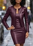Kadın Uzun Kollu önü Açık Deri Ceket Ve Askılı Yuvarlak Yakalı Mini Elbise Ikili Takım