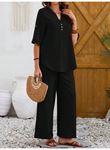 Kadın Kısa Kollu V Hakim Yaka Düğmeli Bürümcük Bluz Ve Pantolon Ikili Takım