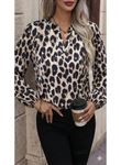 Kadın Uzun Kollu V Hakim Yakalı Leopar Desenli Süprem Bluz