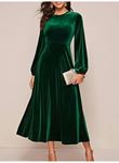 Kadın Uzun Kollu Bisiklet Yaka Midi Kadife Elbise