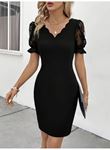 Kadın Kısa Kollu Dantelli V Yakalı Yanlardan Büzgülü çapraz Detaylı Ithal Krep Elbise