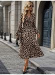 Kadın Uzun Kollu Kruvaze Yaka Belden Oturtmalı Midi Modal Leopar Desenli Elbise