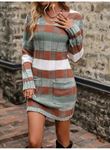 Kadın Uzun Kollu V Yakalı çizgili çok Renkli Triko Mini Elbise