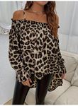 Kadın Ip Askılı Omuzlardan Açık Leopar Desenli Asimetrik Kesim Süprem Bluz
