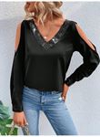 Kadın Uzun Kollu V Yakalı Omuzlardan Açık Sandy Bluz