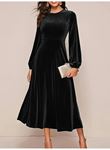 Kadın Uzun Kollu Bisiklet Yaka Midi Kadife Elbise
