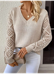 Kadın Uzun Kollu V Yaka Kol Delikli Baklava Desen Detaylı Triko Kazak