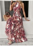 Kadın Halter Yakalı Omuzlardan Açık Kuşaklı Maksi Boy Desenli Süprem Elbise