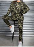 Kadın Uzun Kollu Kapşonlu Kamuflaj Desenli Bluz Ve Pantolon Tayt Ikili Takım