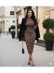 Kadın Uzun Kollu Balıkçı Yaka Leopar Desenli Midi Boy Elbise