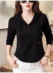 Kadın Uzun Kollu Kapşonlu Bağcıklı Düğmeli Viskon Iki Iplik Bluz
