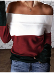 Kadın Uzun Kollu Omuzlardan Açık Uzun Kollu Blok çizgili Triko Bluz
