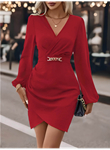 Kadın Uzun Kollu Kruvaze Yaka Yandan Büzgülü Asimetrik Detaylı Ithal Krep Mini Elbise
