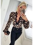 Kadın Uzun Kollu önden Derin Dantel Yaka Leopar Desenli Dalgıç Bluz