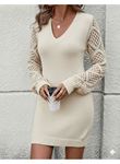 Kadın Uzun Kollu V Yakalı Mini Triko Elbise