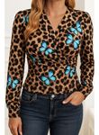 Kadın Uzun Kollu Kruvaze Yakalı Kelebek Desenli şardonlu Dalgıç Bluz