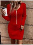 Kadın Uzun Kollu V Yakalı önden Fermuarlı Kısa Triko Elbise