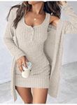 Kadın Askılı Yuvarlak Yakalı önü Düğmeli şardonlu Kaşkorse Mini Elbise Ve Kısa Ceket