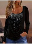 Kadın Uzun Kollu Derin Degaje Yakalı Taşlı Sandy Bluz