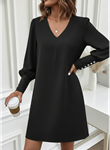 Kadın Uzun Kollu V Yakalı Kısa Ithal Krep Elbise