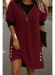 Kadın Uzun Kollu Kapşonlu önden Fermuarlı Düğmeli Mini Iki Iplik Elbise